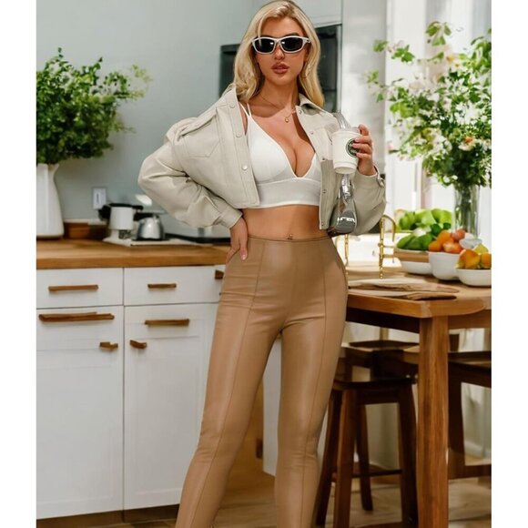 🆕Women Beige Cropped Moto Biker Short Comfortable Faux Leather Fashion Jacket - Picture 2 of 8